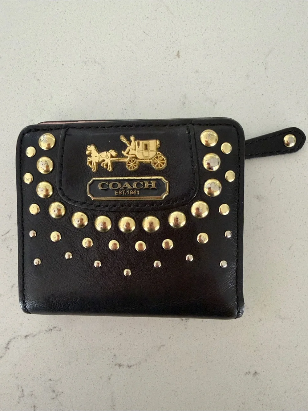 Coach Black Leather Mini Wallet with Gold Stud Accents